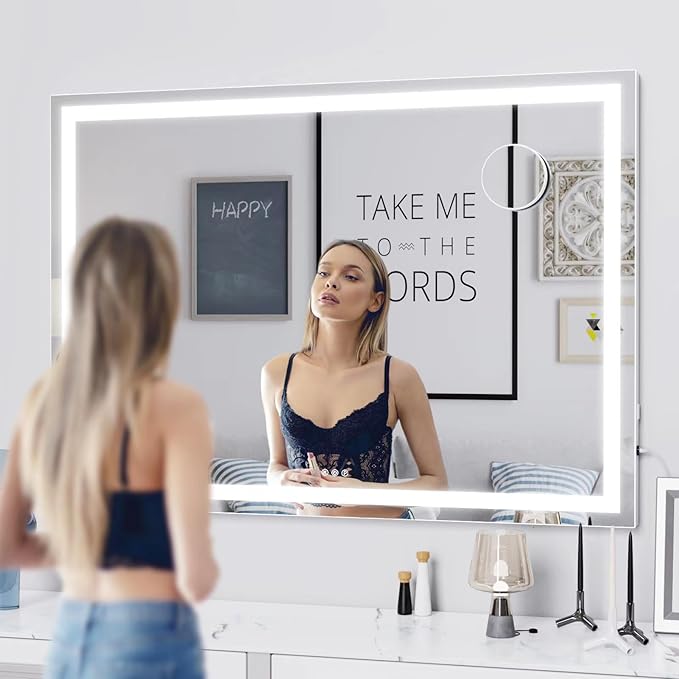 Makeup Vanity Mirror with USB Charging Port 32" x 24" Large LED Makeup Mirror, Desk Mirorr with Lights, Light up Mirror with 10X Magnification and, Dimmable 3 Modes, Touch Screen Control