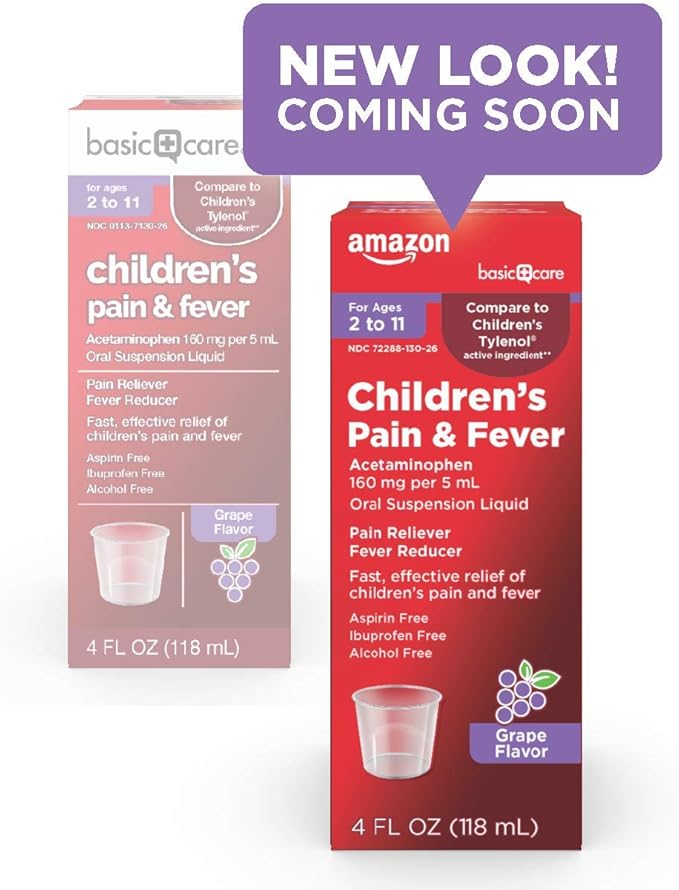 Amazon Basic Care Children's Acetaminophen 160 mg per 5 mL Oral Suspension, Grape Flavor, Pain Reliever and Fever Reducer for Headache, Sore Throat and Toothache, 4 fl oz (Pack of 1)