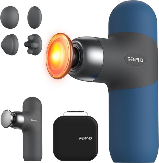 RENPHO Mini Thermal Massage Gun with Heat, Valentines Birthday Gifts for Women Men, Portable Deep Tissue Percussion Massager, Color Silicone Sleeves Travel Size with Carry Case, Aegean Blue