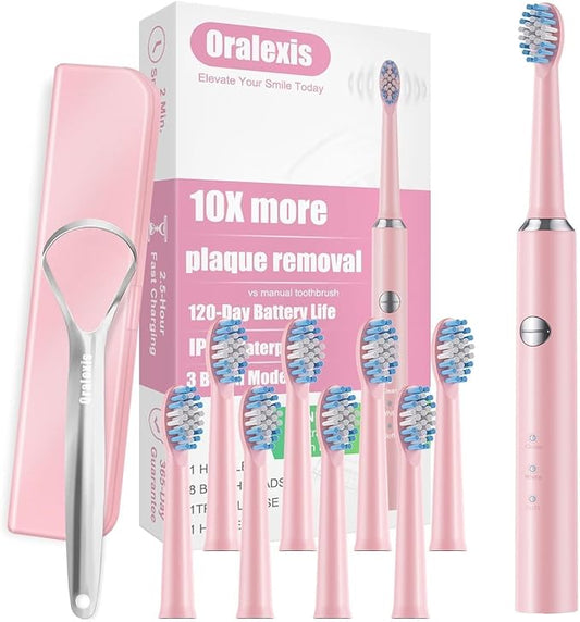 Electric Toothbrush for Adults and Kids, with Tongue Scraper and 8 Brush Heads, One Fast Charge Last 120 Days, 40000 VPM Deep Clean, Sonic Travel Toothbrush - Pink