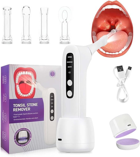 Upgraded Electronic Tonsil Stone Remover,lectronic Oral Care Cleaning Tool Set with 3-Speed Vacuum, 4 Soft Silicone Nozzles & LED Light for Fresh Breath & Comfortable Use (White)