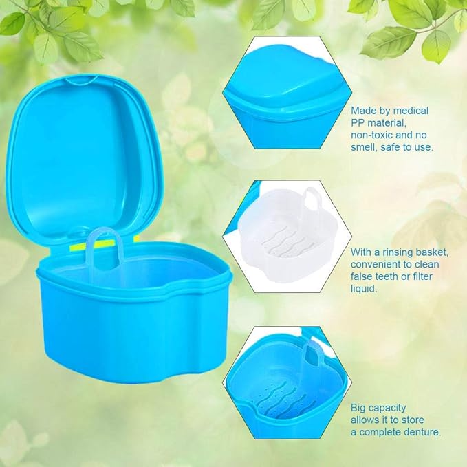 Denture Bath Box Cup, Complete Clean Care for Dentures, Clear Braces, Mouth Guard, Night Guard & Retainers,Traveling (Blue & Pink)