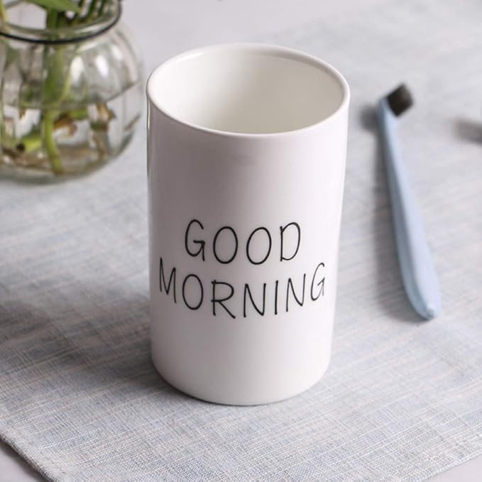 Kelake White Ceramic Tumbler for Bathroom Toothbrush, Water, Milk, Drinks - 280 ml Good Morning Cup for Couples - Christmas Birthday
