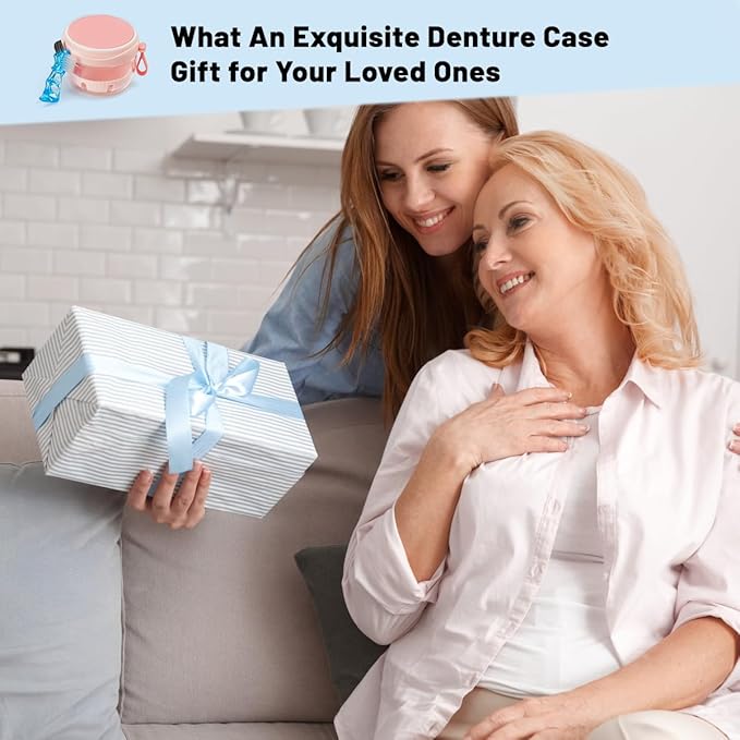 Denture Case, Leak Proof Denture Bath Cup for Travel, Pink Denture Container Cups for Soaking Full & Partial Dentures, Retainers, Mouth Guard with Denture Cleaner Brush, Aligner Removal Tool