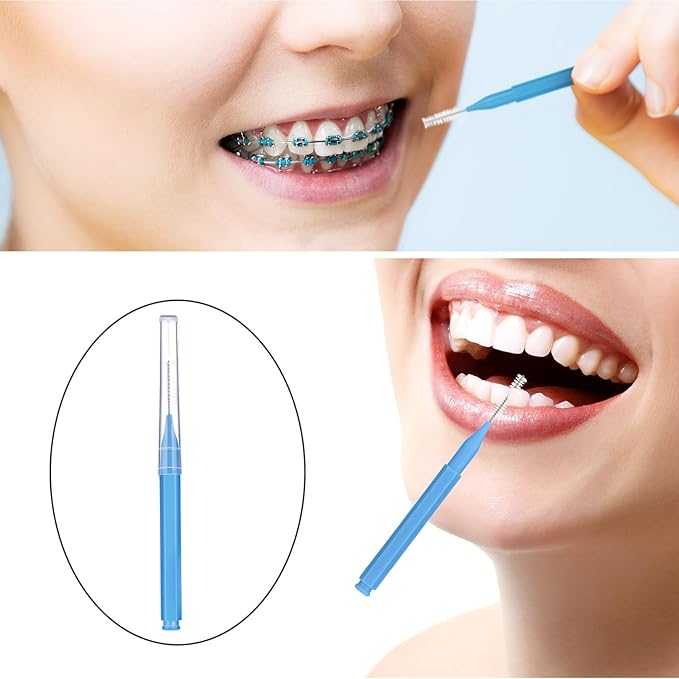Patelai 100 Pieces Braces Brush for Cleaner Interdental Brush Toothpick Dental Tooth Flossing Head Oral Dental Hygiene Flosser Toothpick Cleaners Tooth Cleaning Tool(Blue,Proper Size)