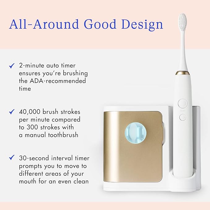 Vanity Planet Elements Ultrasonic Electric Toothbrush - Gold - Advanced Oral Care with UV Sanitizing Charger Base with 3 Replacement Heads - 99.9% Effective Keeping Your Teeth Clean
