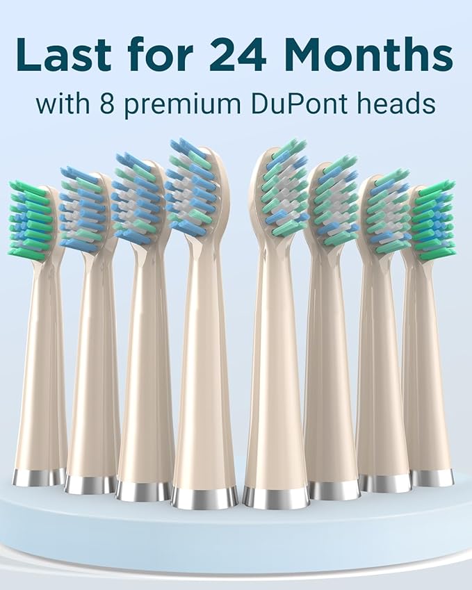 Rtauys M5 Sonic Electric Toothbrush for Adults - Rechargeable Electric Toothbrushes with 8 Brush Heads & Holder, Travel Case, Power Electric Toothbrush，120 Days Battery Life - Champagne