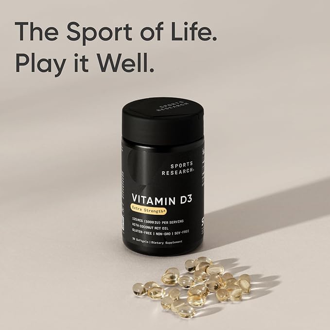 Sports Research Vitamin D3 5000 IU with Coconut MCT Oil - Extra Strength Vitamin D Supplement - Non-GMO Verified, Gluten & Soy Free – 125mcg, 30 Liquid Softgels