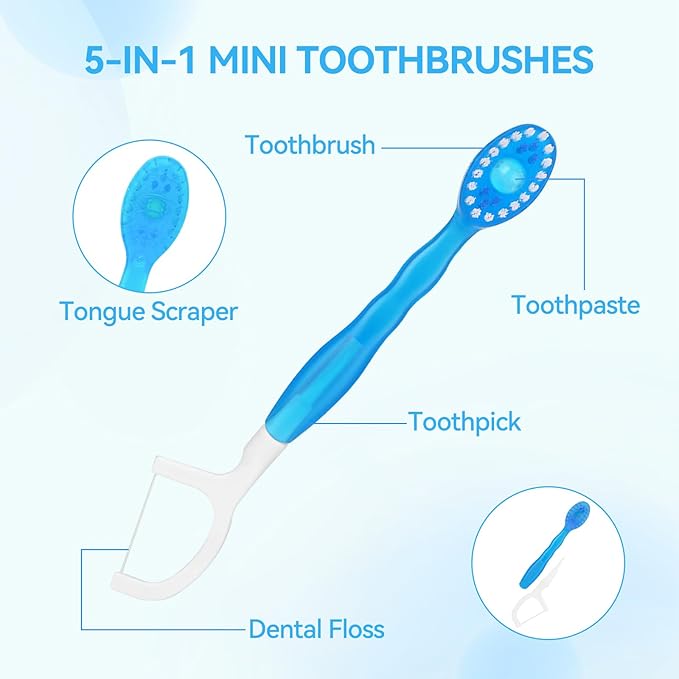 Erinde 24Pack 5 in 1 Mini Disposable Toothbrushes with Toothpaste + Tongue Scraper + Picks + Floss Travel Case, Prepasted Travel Toothbrushes Pick for Work or Travel, Soft Brushes