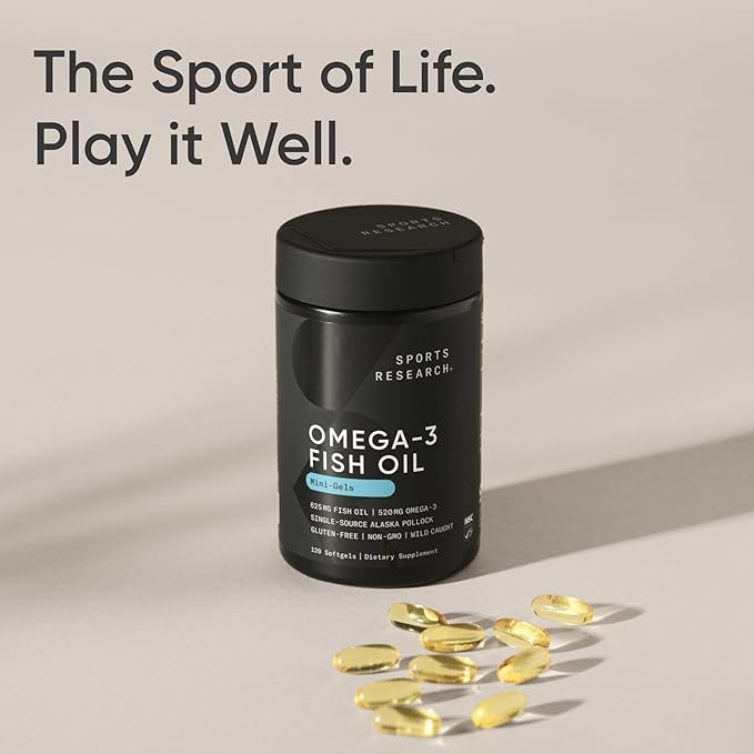 Sports Research Fish Oil Mini-Softgels - Easy to Swallow Omega-3 Fatty Acids from Wild Caught Alaska Pollock - 625mg, 120 Softgels