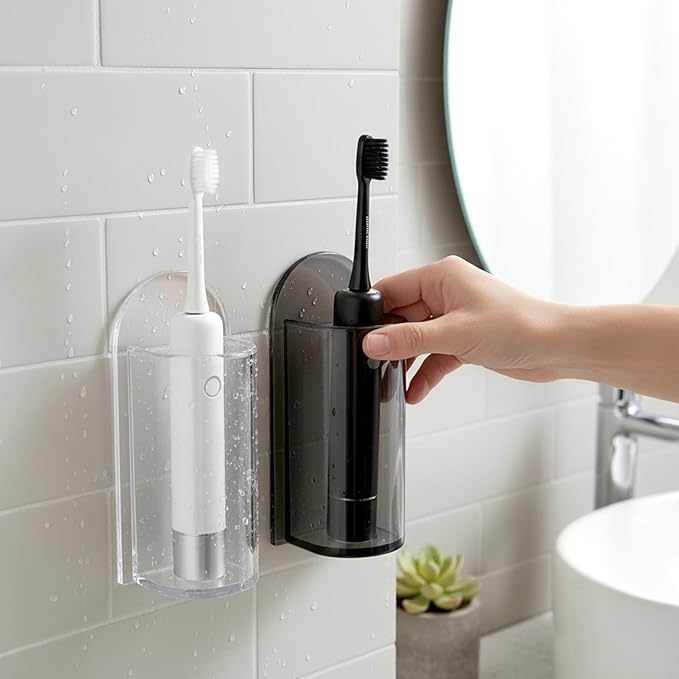 Wall-Mounted Electric Toothbrush Holders, 2Pcs Toothbrush Stand Self Adhesive Electric Tooth Brush Organizer Space Saver (Clear, Grey)