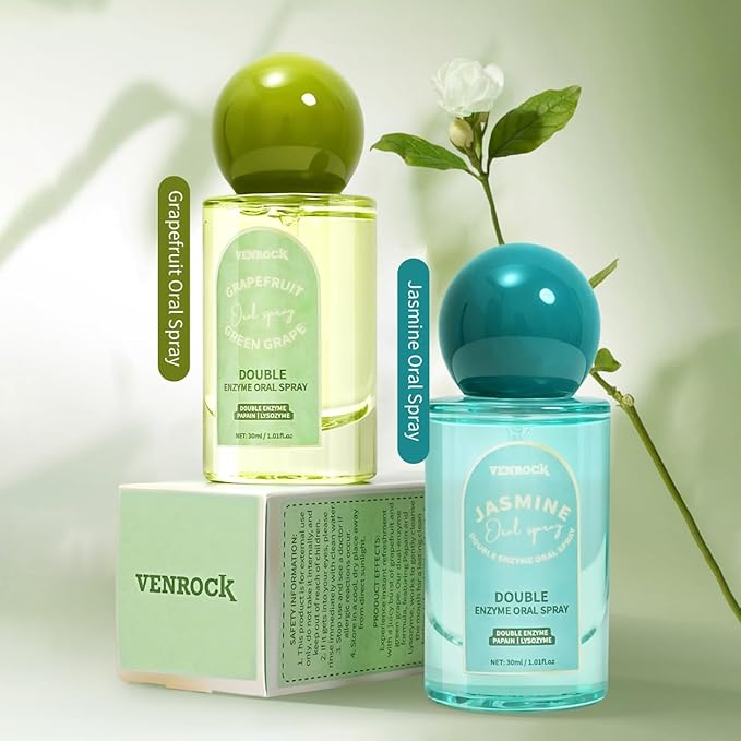 Venrock Double Enzyme Oral Spray Long-Lasting Freshness, Alcohol-Free Oral Spray for Breath Care, Grapefruit Green Grape Flavor, Travel-Sized Breath Spray with Papain & Lysozyme, 30ml/1.01 Fl Oz