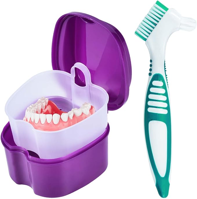 Purple Denture Bath Case Cup Box Holder Storage Container with Denture Cleaner Brush Strainer Basket for Travel Cleaning