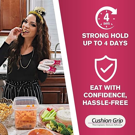 Cushion Grip Thermoplastic Denture Adhesive, 0.35 oz Travel Size (Pack of 2) – Refits and Tightens Loose Dentures for Up to 4 Days | Non-Glue, Zinc-Free, Waterproof Formula, Acts Like a Soft Reliner