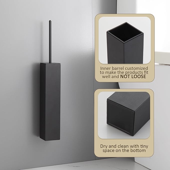 Toilet Brush and Holder Wall Mounted, Black Aluminum with 2 Replaceable Heads, Bathroom Toilet Brush, Drill or 3M Adhesive Mount, Removable Liner and Splash Guard, Modern Square Design