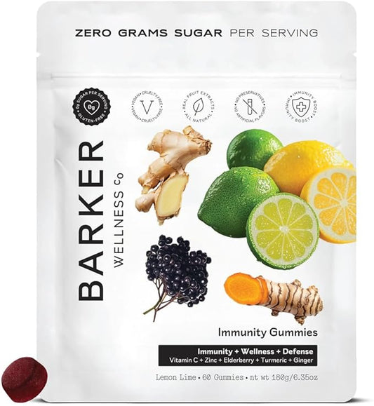 Barker Wellness Immunity Gummies with Vitamin C, Zinc, Elderberry, Turmeric & Ginger for Daily Immune Support | Vegan, Sugar-Free, Lemon-Lime Flavor | Seasonal Wellness Essentials, 60 Count