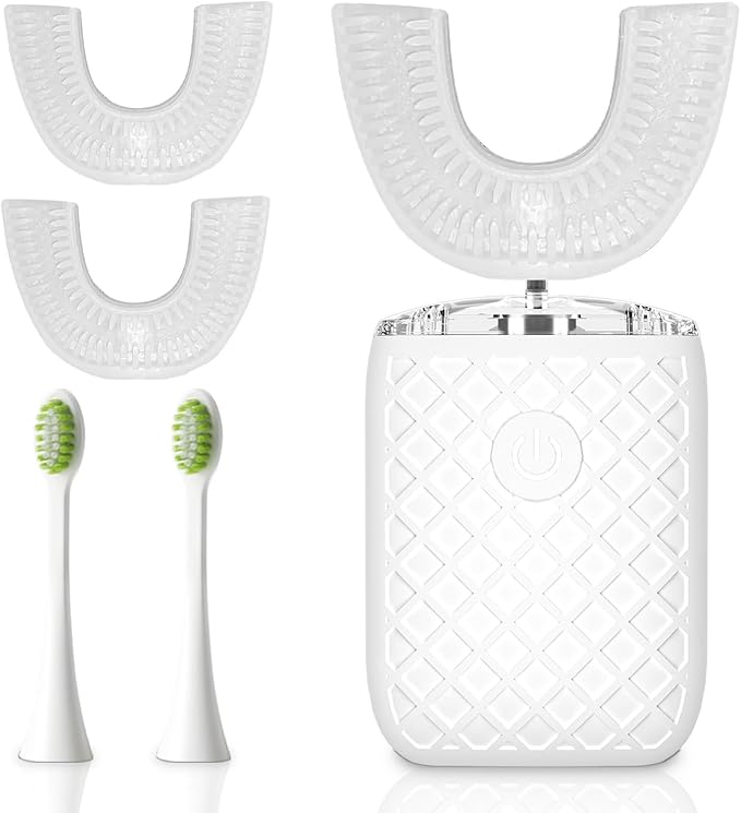 Adult Sonic Automatic Electric Toothbrush, 360° Oral Cleaning Stain Whitening, IPX7 Waterproof Rechargeable, u-Shape Brush Head*3+Straight Handle Brush Head*2 (White)