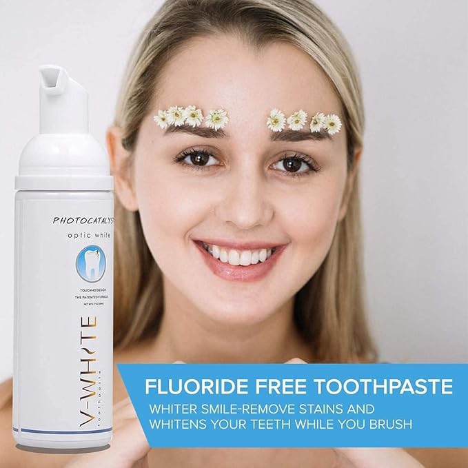 V-White Foam Teeth Whitening Toothpaste - Organic Toothpaste Fluoride Free, Alcohol Free, pH Balanced - Deep Cleansing, Stain Removal, Travel Friendly, for Kids & Adults (Large, Natural)