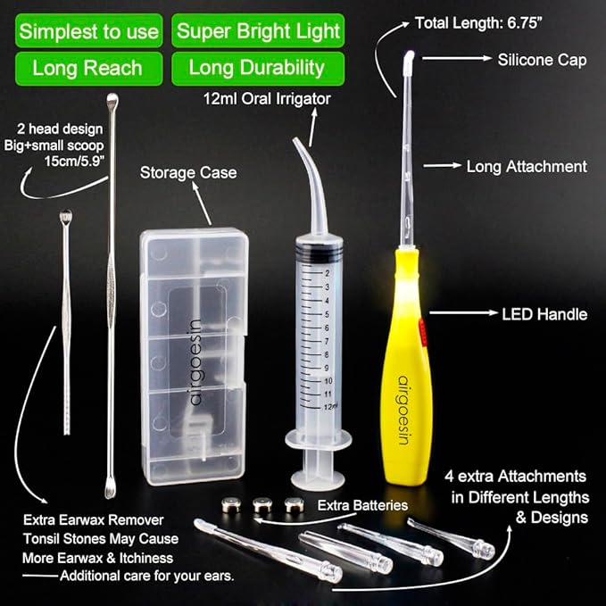 Airgoesin™ Upgraded Tonsil Stone Remover Tool, Yellow, 5 Tips, Tonsillolith Pick Case + 1 Irrigator Fresh Breath Oral Rinse