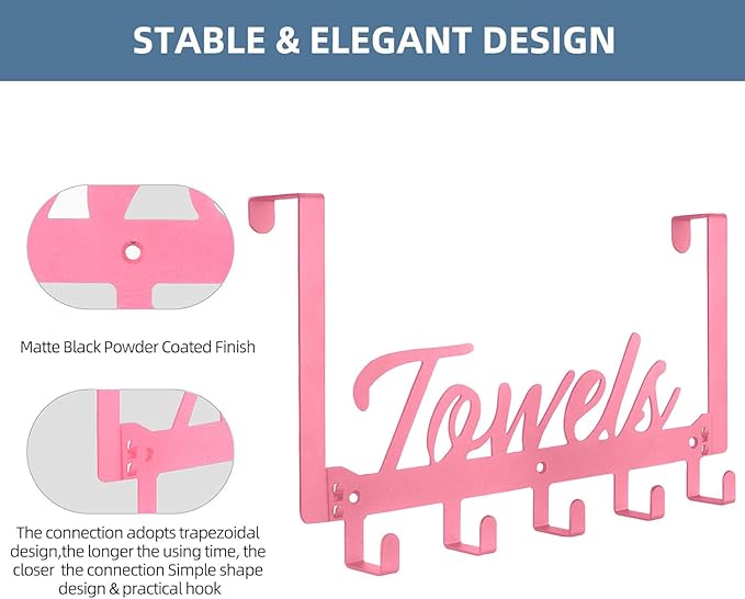 Over The Door Hooks, Towel Rack for Bathroom Towel Holder for Hanging Heavy Duty, Over Door Hanger with 5 Coat Hooks for Bedroom Bathroom Kitchen Towels, Pink