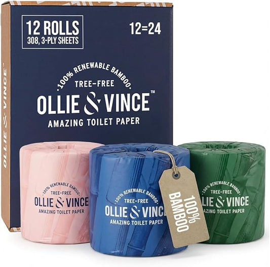 Ollie & Vince Bamboo Toilet Paper | Sustainable, Eco-Friendly, Plastic-Free & Tree-Free, Organic | 12 Rolls, 3-Ply, Soft, Strong & Septic Safe, Unscented | Premium Bathroom Tissue