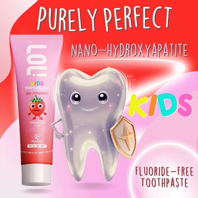 LOL Kids Toothpaste | Fluoride Free 2-Flavors Pack | Nano Hydroxyapatite Toothpaste, Probiotics, Vitamins A, C, E | Safe if Swallowed, No SLS | 1 Strawberry, 1 Peppermint