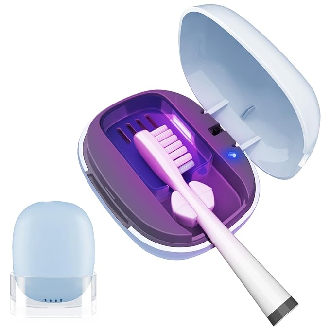Toothbrush Covers Case San itizer with Light,Toothbrush Covers with Holder, Rechargeable Portable Toothbrush Cleaner Case（Blue）