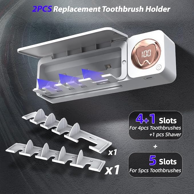Bathroom Toothbrush Holder, Labelable with User Name, Multi-Slot Toothbrush Cleaner, Rechargeable Toothbrush Holder, Wall Mounted, for Bathroom, No Drilling Required, 5 Slots