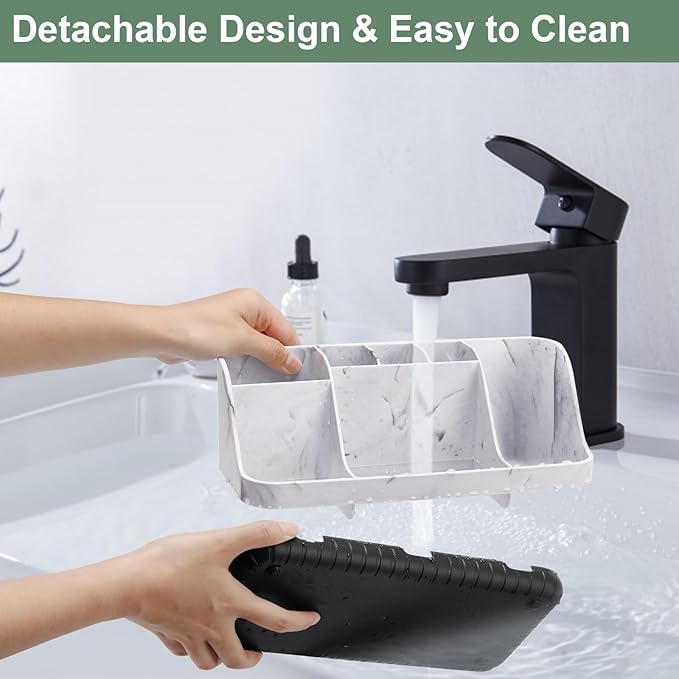 Marble Bathroom Countertop Organizer - Detachable 7 Slots Kids Electric Toothbrush and Toothpaste Holde Drainage for Bathroom Accessories Organization Counter Vanity Storage, Black