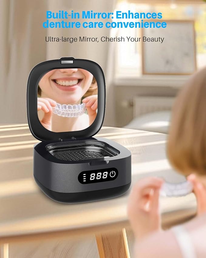 Voraiya 2025 Rechargeable Ultrasonic Retainer Cleaner, Portable Retainer Cleaner Machine, 52kHz Retainer Cleaner for Dentures, Night Guards, Mouth Guards, 166ml Dental Cleaning Pod with Mirror,3 Modes