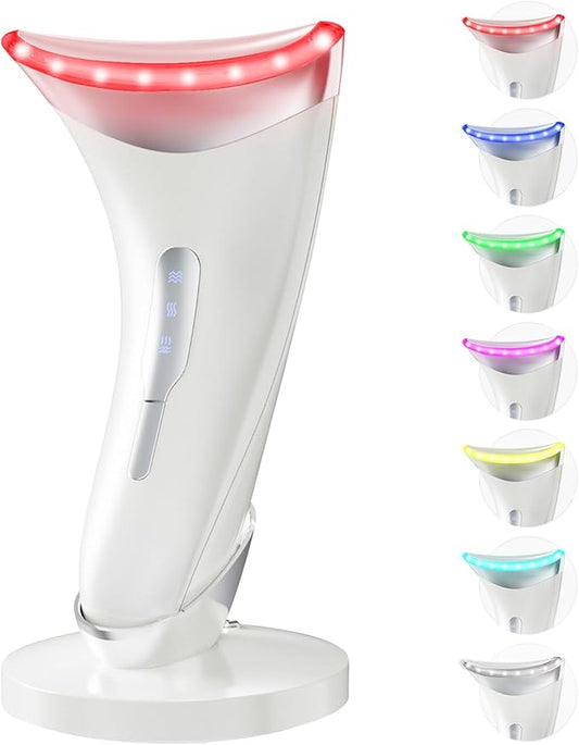 Red Light Therapy for Face and Neck, 7 Color Facial Massager with Adjustable Vibration and Thermals for Wrinkles, Double Chin, Portable Skin Care Tool with Base, White