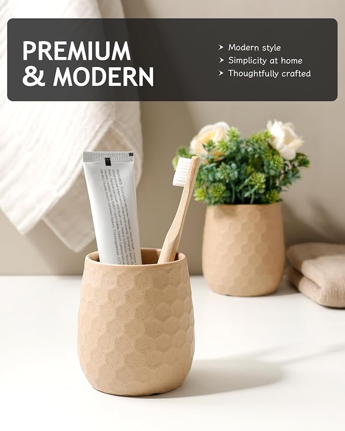 Toothbrush Holder, Tooth Brush Holder for Bathroom - Ceramic Toothbrush Cup Toothbrush Holders Countertop, Khaki Makeup Brush Holder Pen Holder, 3.62" x 3.62" x 3.93", ANTIS'S HOME