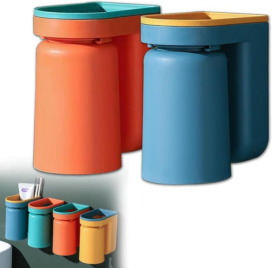 Toothbrush Holder Wall Mounted with Cup,2-in-1 Toothbrush Holders & Cups Set,Inverted Design for Easy Cleaning and draining,Stick-on Toothbrush Holder for Bathroom (Blue+Orange)