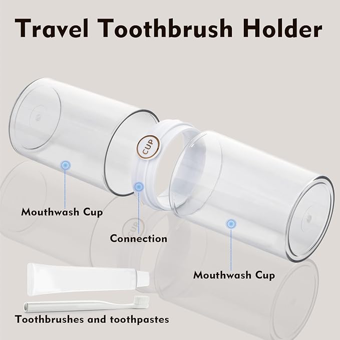 Yeeco Toothbrush Travel Case, 2 pcs Transparent Portable Toothbrush Cover with Mouthwash Cup, Plastic Cylindrical Tooth Brushing Holder for Home School Camping Travelling, 8.1 x 2.6 inches，Clear