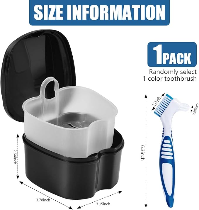 Black Denture Bath Case Cup Box Holder Storage Container with Denture Cleaner Brush Strainer Basket for Travel Cleaning