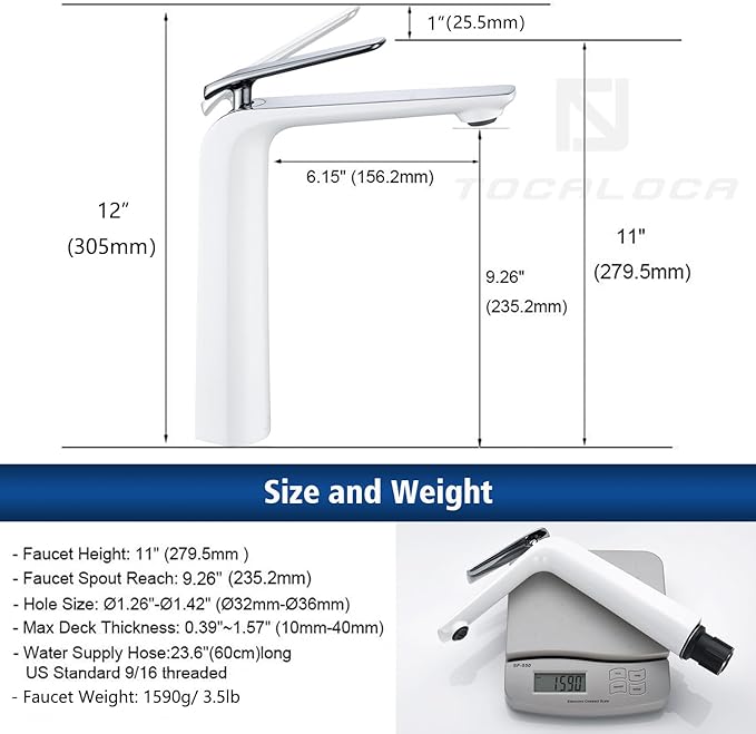TOCALOCA Tall Bathroom Faucet White and Chrome Sliver, Vessel Sink Mixer Tap Bathroom Single Handle 1 Hole High Basin Faucet for Bowl Sink Lavatory, Brass