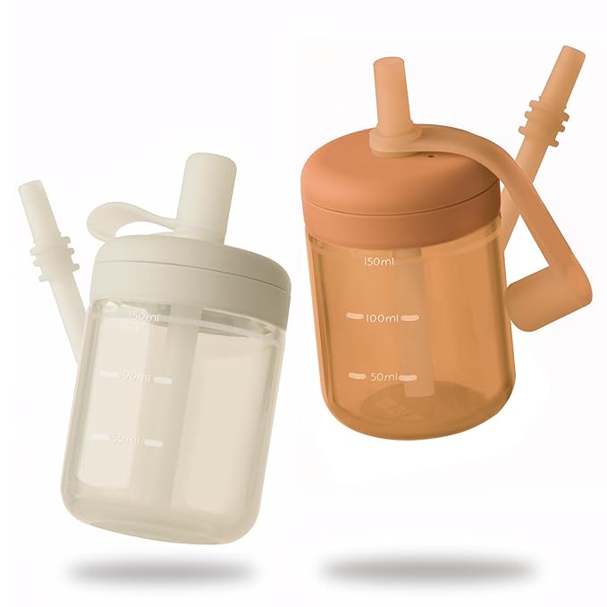 Moonkie Baby Straw cup | Silicone Toddler Sippy Cup Training Cup with Straw Lid | BPA-Free Drop-Proof Baby Cup | Led Weaning | 6 Months+, 5 oz, 2pack