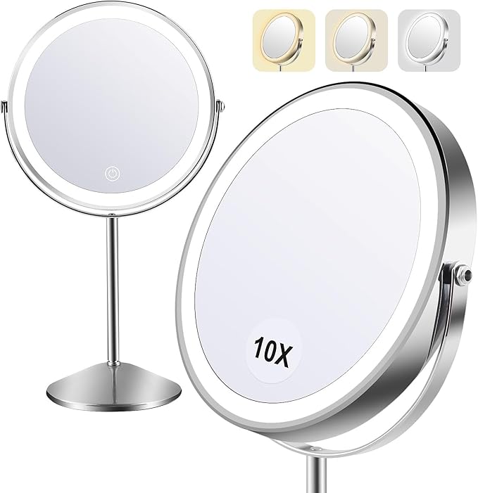 Lighted Makeup Mirror,1x/10x Magnifying Vanity Mirror with Light,3000 mAh Rechargeable 2-Sided Mirror,3 Colors Brightness Adjustable, 360 Degree Rotation, Gift for Women