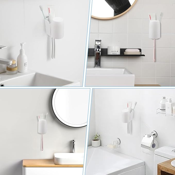 Toothbrush Holders for Bathrooms Toothbrush Holders Wall Mounted BPA-Free Tooth Brush Holder with Toothbrush Cup Drilling-Free (White)