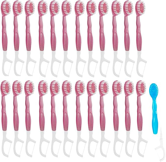 Mini Disposable Toothbrushes with Toothpaste 5 in 1 Travel Toothbrush Individually Wrapped Portable with Toothpaste + Tongue Scraper + Picks+Floss Travel Case 26pcs(Peach, 26)
