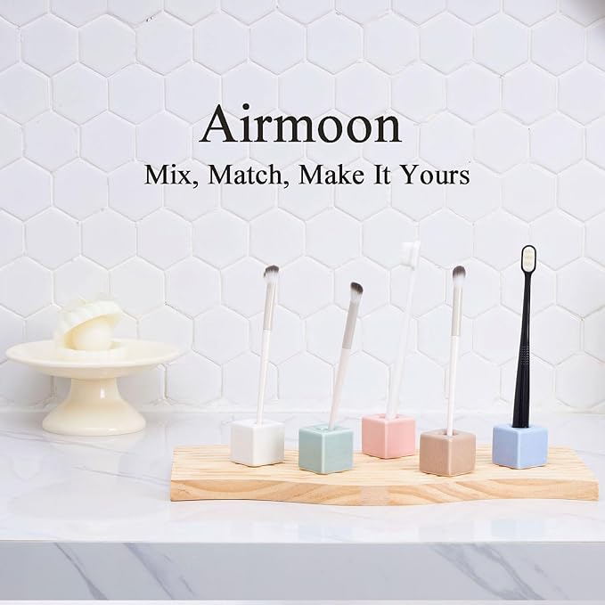 AirMoon Mini Square Ceramic Toothbrush Holder for Bathroom - Grey Brown Small Countertop Organizer, Easy Clean Toothbrush Stand, Suit for Electric Toothbrush Head, Pens & Coffee Spoon