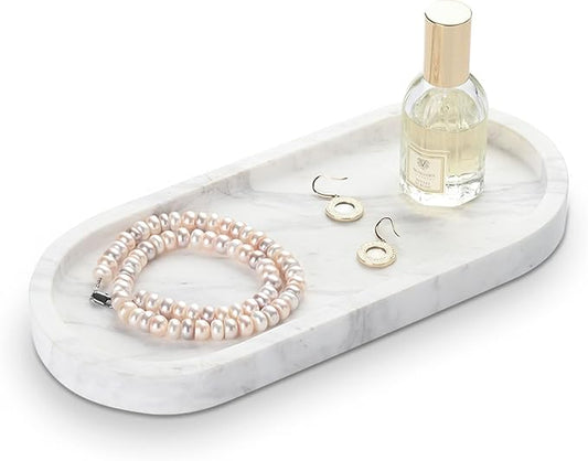 Oval Bathroom Vanity Tray, Large Natural Marble Sink Tray 10 inch, Volakas White Stone Soap Trays, Modern Perfume Trays, Countertop Organizer for Kitchen, Coffee Table, Home Decor