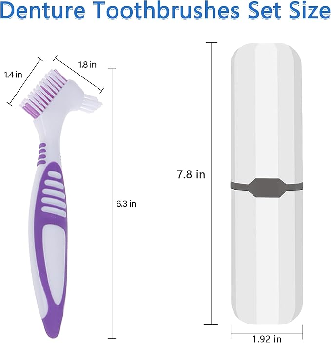 Denture Brush, 2 Pieces False Teeth Toothbrush with White Carrying Case, Green and Purple Multi-Layered Bristles with Ergonomic Rubber Handle for Dentures Cleaning