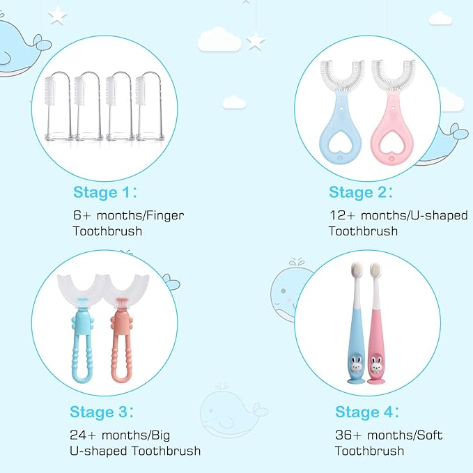 Baby Toddler Infant Toothbrush 6 to 12 Months and Up Age 1 2 3 1-2 2-4 Year Old, 10 in 1 Toothbrushes Gift Set with Soft Finger U-shaped Brush Brushing Bristles for Newborns Kids Children Child