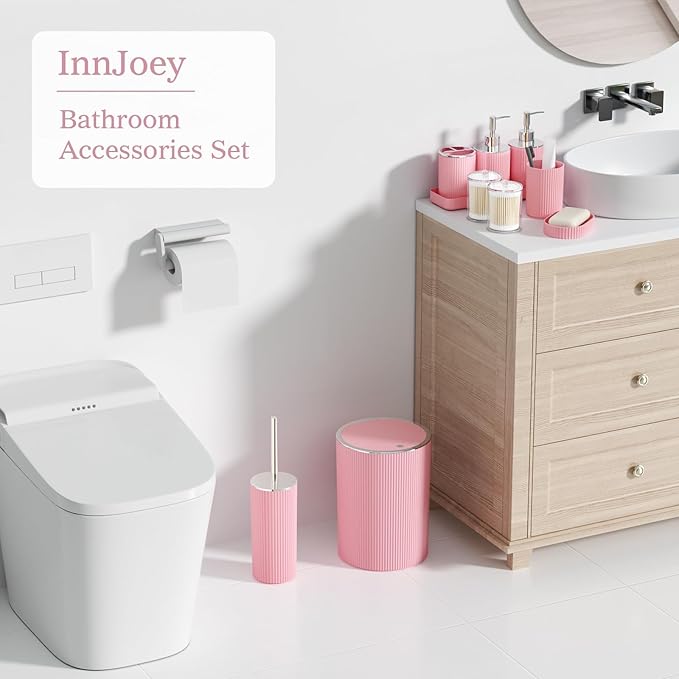 Light Pink Bathroom Accessories Set - Bathroom Sets, 25PC Bath Accessory Set, Bathroom Sets with Push Top Trash Can, Shower Curtain and Rugs, Toilet Brush, Trash Can & Soap Dispenser