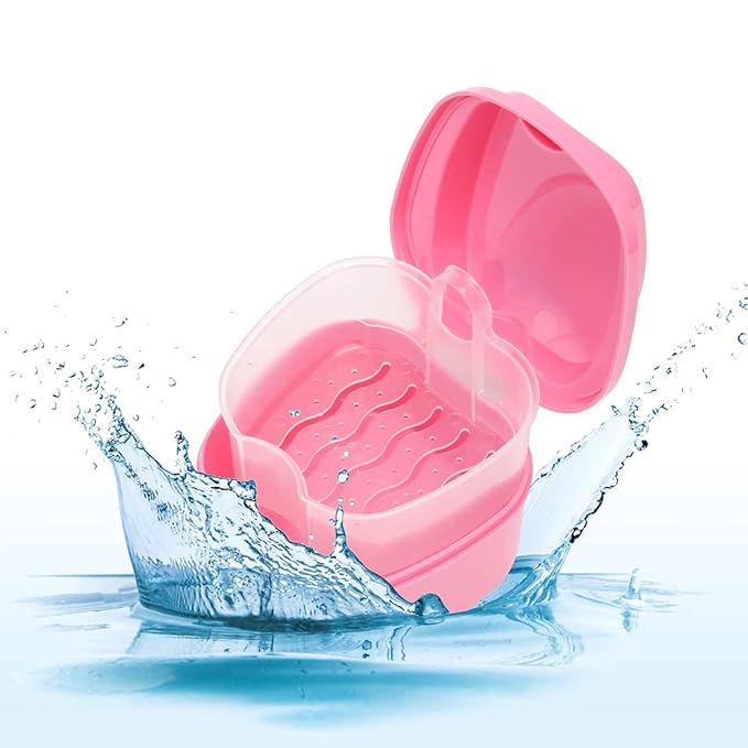 Denture Case, Denture Cup with Strainer, Coolrunner Denture Bath Box False Teeth Storage Box with Basket Net Container Holder for Travel, Retainer Cleaning(Pink）
