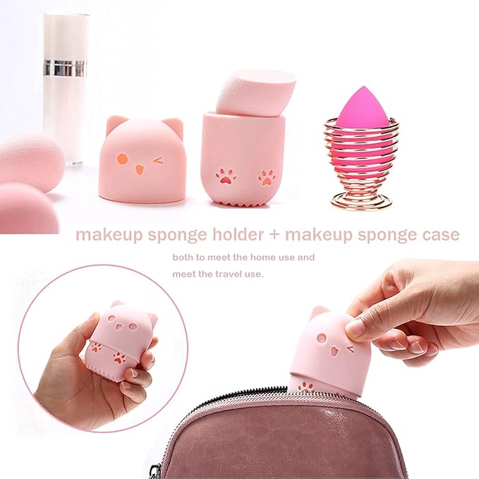Makeup Sponge Holder, Beauty Sponge Holder + Makeup Blender Travel Case Beauty Sponge Blender Drying Stand & Storage Containers - Pink + Gold