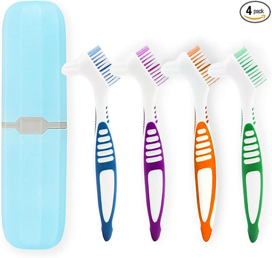 4 Pcs Denture Cleaning Brush and 1 Pcs Storage Case, Portable Denture Toothbrush, Retainer Brush with, Double Sided Toothbrush (4 Colors and Blue)
