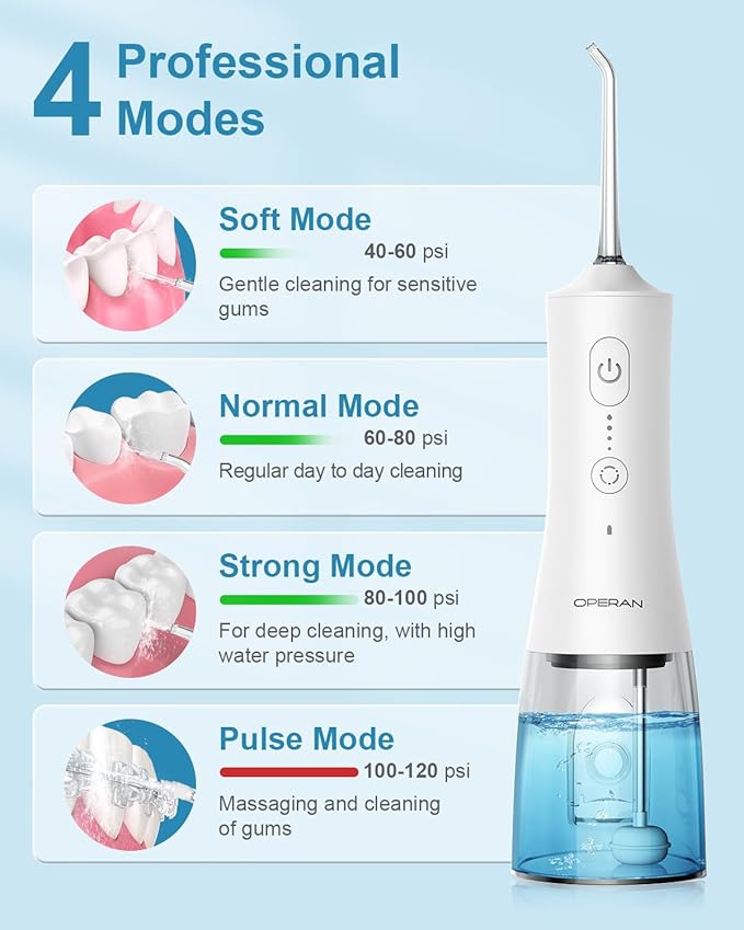 Operan Water Flosser for Teeth Cleaning Upgraded 300ml Cordless Water Dental Flossers Rechargeable Oral Irrigator with 4 Modes 4 Jet Tips IPX7 Waterproof Water Floss for Home Travel (White)+1Pack