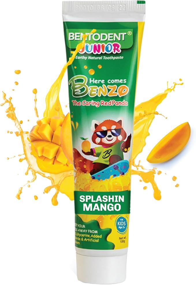 Bentodent Fluoride Free Kids Toothpaste - Natural Calcium Bentonite Clay Toothpaste - SLS Free, Fresh Breath, Plaque Removal by Brushing (Mango)